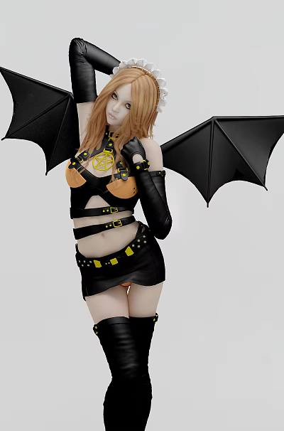 Woman In Black And Yellow Cosplay Costume With Bat Wings And Metallic Details 3d model