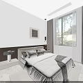 Bright Modern Bedroom with Double Bed White Linens Green Window View and Artwork