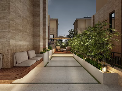 Modern Villa Courtyard Landscape With Comfortable Lounge Seats Lush Bamboo Greenery And Soft Warm Lighting 3d model