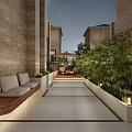 Modern Villa Courtyard Landscape With Comfortable Lounge Seats Lush Bamboo Greenery And Soft Warm Lighting