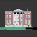3D Pink Building Model With White Columns Black Roof Steps Green Shrubs On Black Base