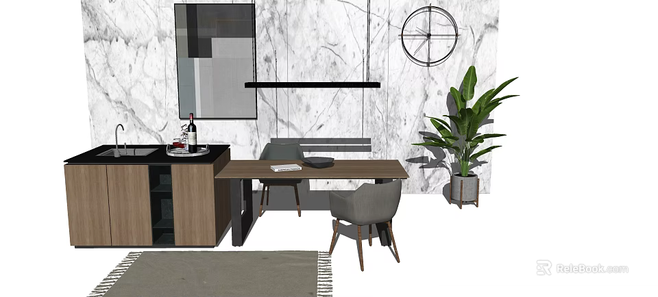 Modern Dining Table Set With Chairs Marble Wall Clock And Green Plant 3d model