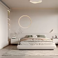 Minimalist Modern Bedroom Interior With Circular Ceiling Light Platform Bed And Soft Rug