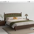 Double Bed with Green Tufted Headboard Wooden Frame Bedside Tables Lamp Green Blanket and Rug