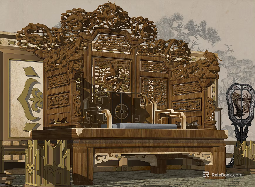 Chinese Traditional Wooden Carved Garden Ornament Seat With Elaborate Patterns And Classic Design 3d model 