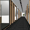 Modern Office Corridor with Wooden Doors Window Blinds Marble Flooring and Decorative Paintings on Walls