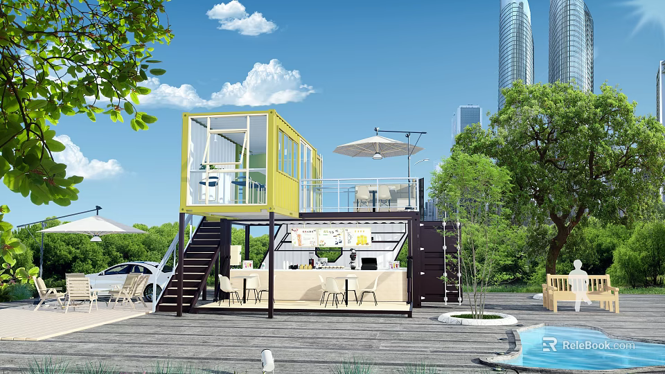 Yellow And Black Container Building With Two Story Terrace Outdoor Pool And Trees 3d model 