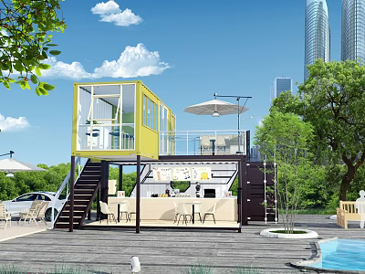 Yellow And Black Container Building With Two Story Terrace Outdoor Pool And Trees 3d model