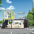 Yellow And Black Container Building With Two Story Terrace Outdoor Pool And Trees