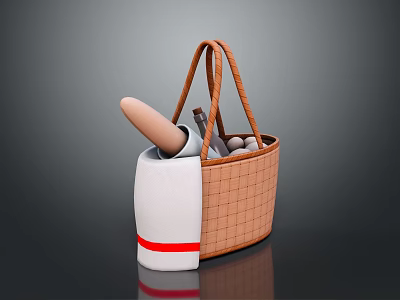Cute Rabbit Resting in Woven Basket with Fresh Carrots Eggs and Bottle 3d model