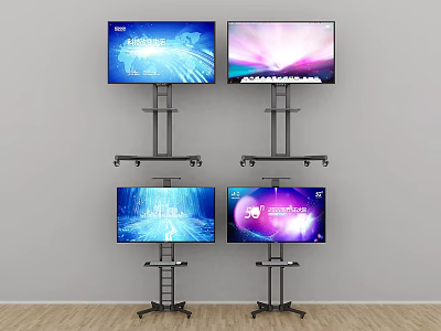 Four Modern TVs on Mobile Stands with Wheels Screens Displaying Vibrant Colorful Visuals 3d model