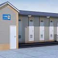 Outdoor Public Toilet Facility With Gray Roof Multiple Doors Steps And Handrails