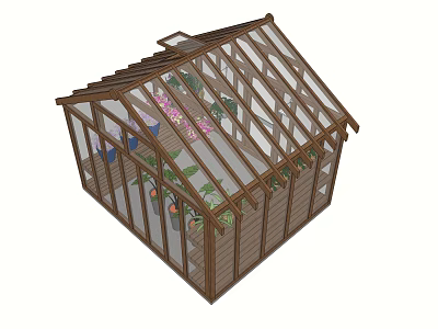 Garden Landscape Glass Greenhouse With Wooden Frame And Indoor Plants Flowers 3d model