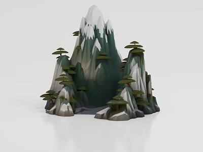Decorative Rockery Stones With Green And White Mountain Shape And Pine Trees 3d model
