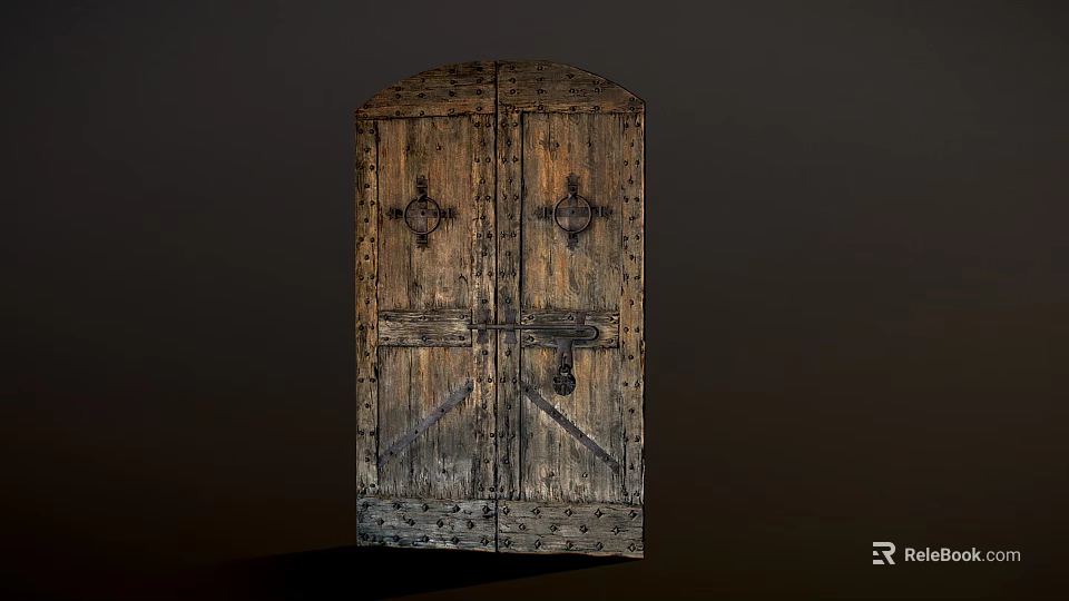 Ancient Vintage Wooden Double Door With Metal Rivets And Carved Patterns 3d model 