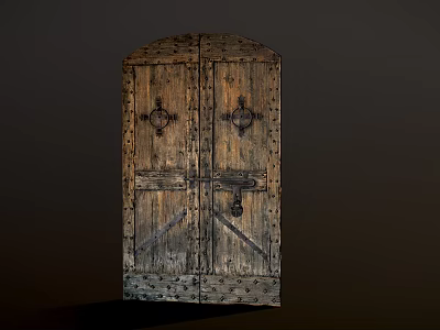 Ancient Vintage Wooden Double Door With Metal Rivets And Carved Patterns 3d model