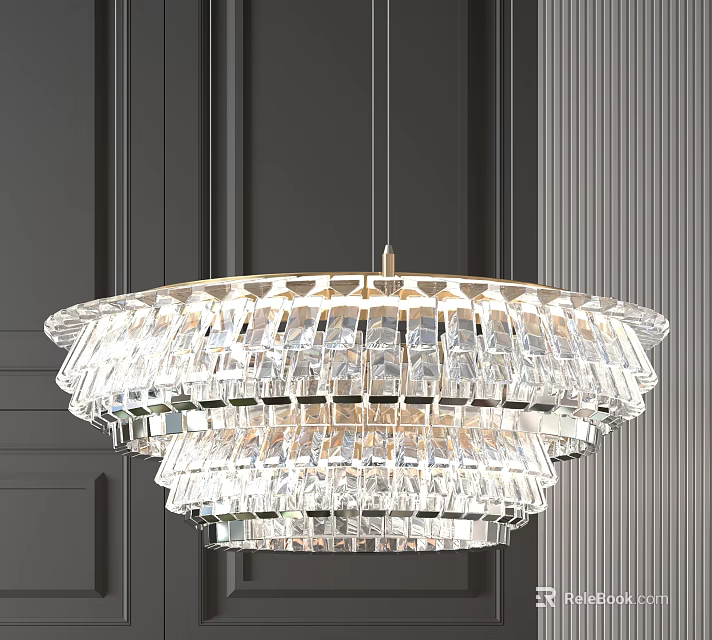 Elegant Multi Tiered Crystal Chandelier With Modern Design Hanging Against Dark Wall 3d model 