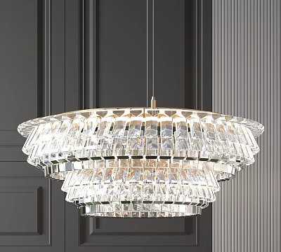 Elegant Multi Tiered Crystal Chandelier With Modern Design Hanging Against Dark Wall 3d model