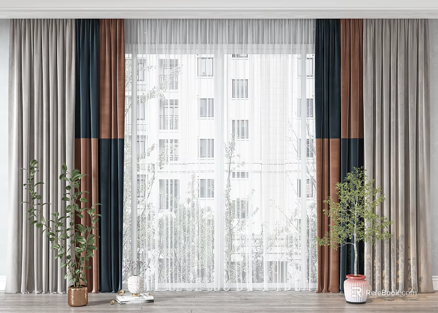 Modern Multicolor Curtains With Sheer Layer Window View And Indoor Plants 3d model 