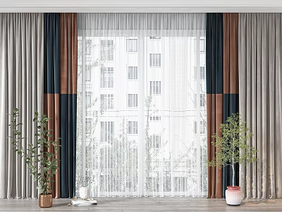 Modern Multicolor Curtains With Sheer Layer Window View And Indoor Plants 3d model