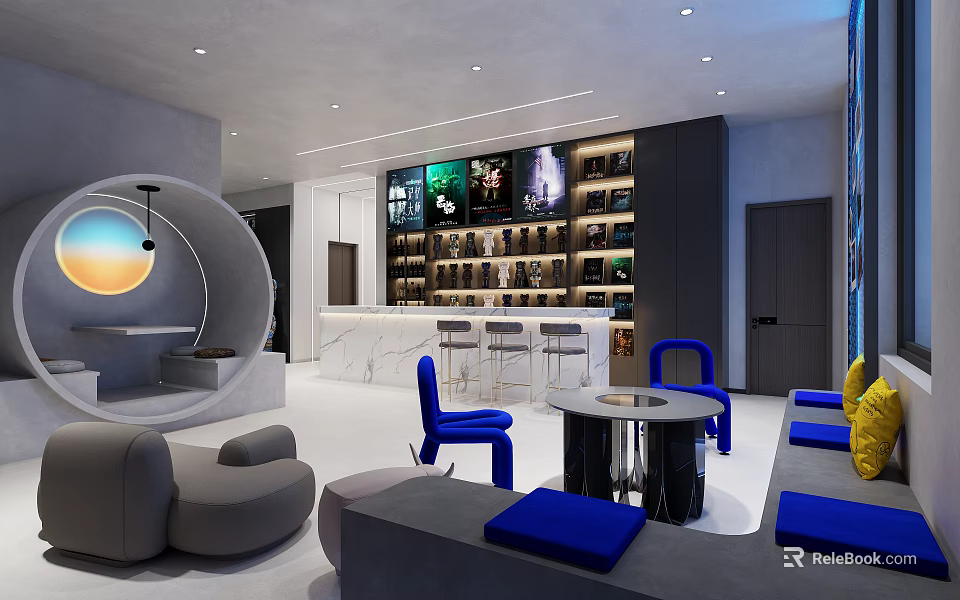 Modern Space With Round Seating Bookshelves Bar Counter Blue Chairs Gray Sofa And White Floor 3d model 
