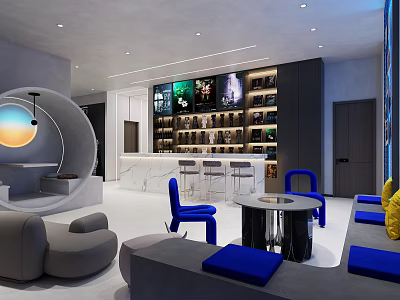 Modern Space With Round Seating Bookshelves Bar Counter Blue Chairs Gray Sofa And White Floor 3d model