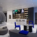 Modern Space With Round Seating Bookshelves Bar Counter Blue Chairs Gray Sofa And White Floor