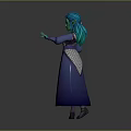 Magical Elf Creature Character Green Skin Blue Hair Silver Armor Orange Dress Blue Cape Standing