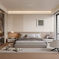 Modern Minimalist Bedroom Interior With Large Bed Wooden Headboard Gray Bedding Blinds And Accent Chair