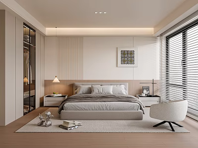 Modern Minimalist Bedroom Interior With Large Bed Wooden Headboard Gray Bedding Blinds And Accent Chair 3d model