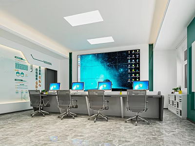 Modern Monitoring Room Interior Design With Large Video Wall Control Desk And Office Chairs 3d model