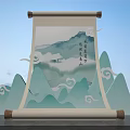 Traditional Chinese Scroll Painting With Landscape Mountains Clouds And Calligraphy