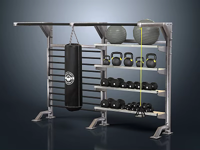 Sports Equipment Metal Multi Layer Rack With Punching Bag Kettlebells And Dumbbells 3d model
