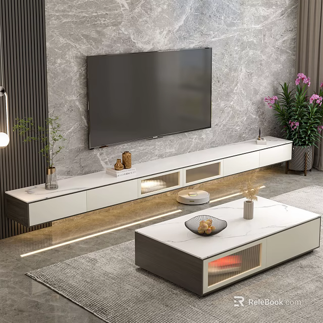 Modern White TV Stand In Living Room With Large TV Decorations And Potted Plants 3d model 