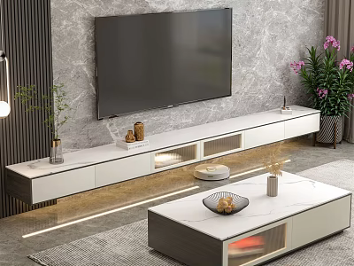 Modern White TV Stand In Living Room With Large TV Decorations And Potted Plants 3d model