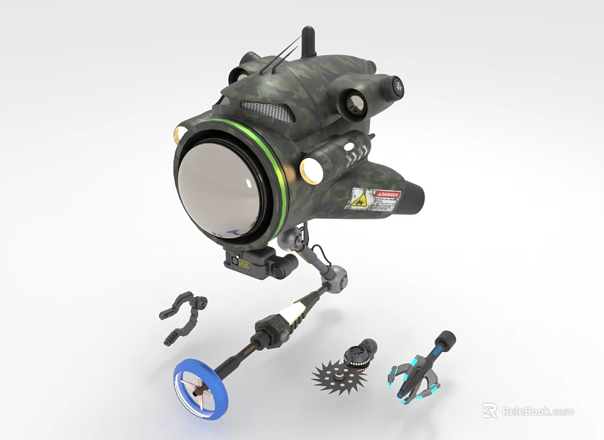 Industrial Equipment With Camouflage Design Circular Viewing Window Multiple Tool Attachments And Safety Lights 3d model 
