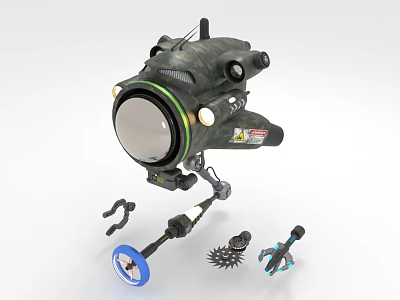 Industrial Equipment With Camouflage Design Circular Viewing Window Multiple Tool Attachments And Safety Lights 3d model