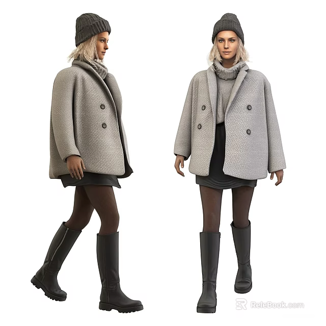 Woman In Gray Double Breasted Coat With Turtleneck Sweater Black Skirt And Boots 3d model 