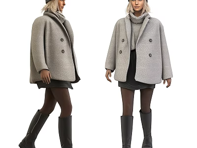 Woman In Gray Double Breasted Coat With Turtleneck Sweater Black Skirt And Boots 3d model