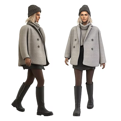 Woman In Gray Double Breasted Coat With Turtleneck Sweater Black Skirt And Boots 3d model