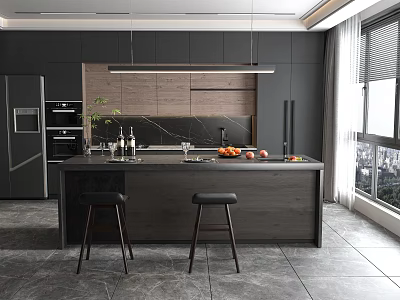 Modern Open Restaurant Interior Design With Dining Island Table Seats And Lighting 3d model