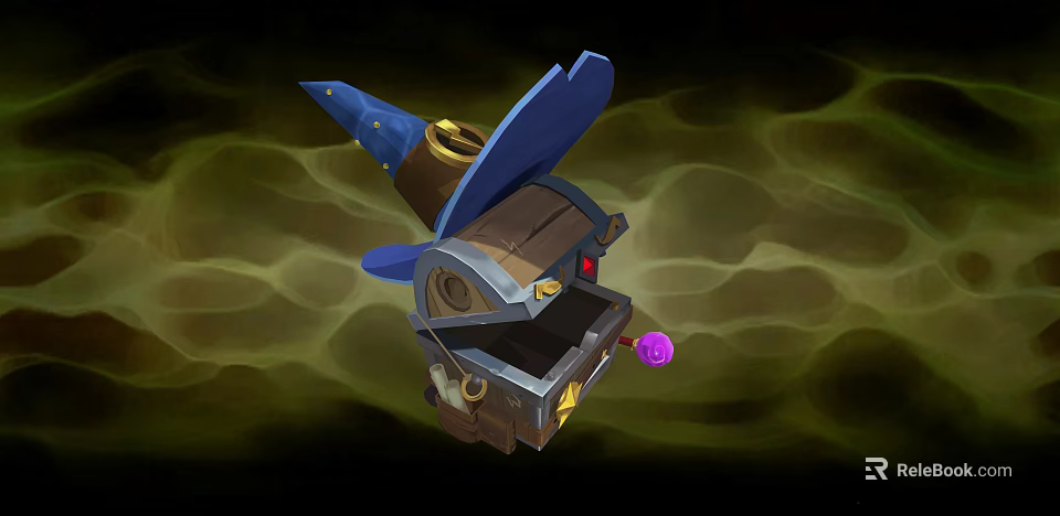 Cartoon Magical Box With Blue Wizard Hat Mechanical Gears And Purple Orb 3d model 
