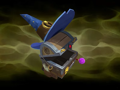 Cartoon Magical Box With Blue Wizard Hat Mechanical Gears And Purple Orb 3d model