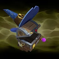 Cartoon Magical Box With Blue Wizard Hat Mechanical Gears And Purple Orb