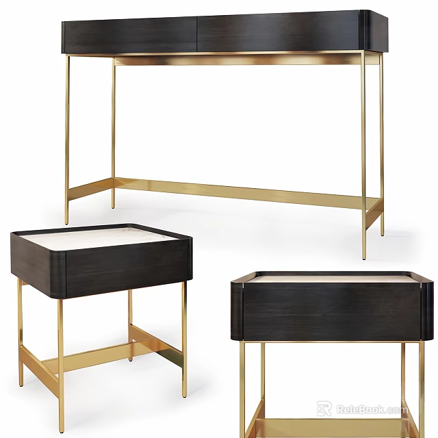 Modern Entryway Cabinet And Side Cabinet With Gold Frame Dark Wood Storage Design 3d model 