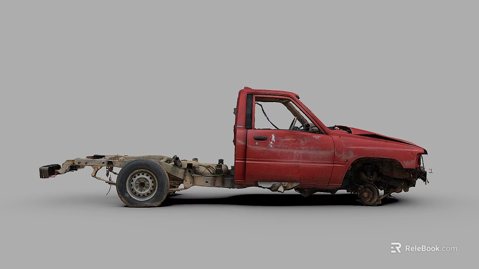 Rusty Red Old Truck Cab Body With Dismantled Chassis And Wheels 3d model 