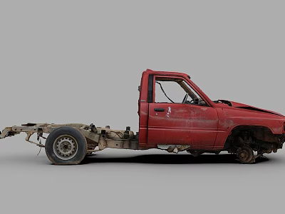 Rusty Red Old Truck Cab Body With Dismantled Chassis And Wheels 3d model