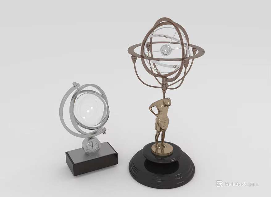 Decorative Furniture Pieces With Metal Rings Transparent Spheres Black Bases And Human Figure Sculpture 3d model 