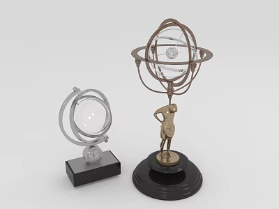 Decorative Furniture Pieces With Metal Rings Transparent Spheres Black Bases And Human Figure Sculpture 3d model