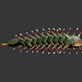 3D Rendered Green Caterpillar With Red White Spines And Patterns On Dark Background